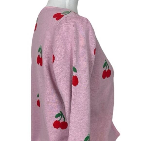 Nikkak Cardigan Sweater Tie Front Cropped Pink Red Cherry Pattern Women Size XL - Picture 7 of 12